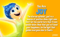 a cartoon character with blue hair and an orange background that says, you are joy the external optimist, you're a beacon of positive vibe right now