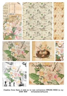 several different papers with flowers and birds on them, one has a bird nest in the middle