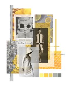 a collage of photos with yellow and grey colors, including an image of a woman wearing