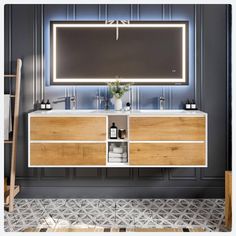 a bathroom vanity with two sinks and a large mirror above it, in front of a blue wall