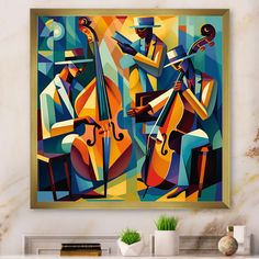 an abstract painting of two men playing instruments