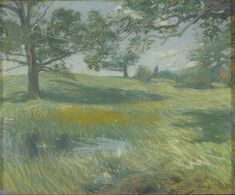 an oil painting of trees and water in a grassy area with grass on the ground