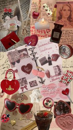 a collage of photos, papers and other items with hearts on them is shown