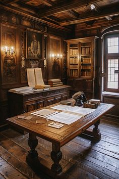 an old wooden table with papers on it in front of a large window and bookshelves