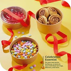 an advertisement with two containers filled with candy and candies next to each other on a yellow surface