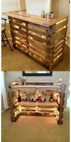 an old pallet is turned into a bar with lights on it and the words diy with pallets furniture ideas