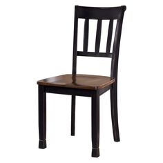 a wooden chair with a black frame and wood seat