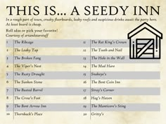 this is a seedy inn info sheet with the names and times for each item