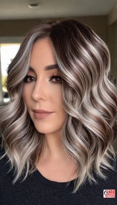 Blonde Hair Two Tone, Brown Hair With Grey Balayage, Highlight To Blend Grey Hair, Highs And Lows Hair Highlights, Blonde Hair Turning Gray, Best Hair Transformations, Darker Hair Color Ideas Balayage, Champagne Grey Brown Hair, Cool Blonde And Brown Hair Color