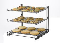 three tiered rack with cookies and muffins on each shelf for display or storage