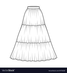 Maxi Skirt Drawing Reference, Maxi Skirt Technical Drawing, Flowy Skirt Drawing, Skirt Flat Drawing, Long Skirt Drawing, Skirts Illustration, Skirt Flat Sketch, Skirts Drawing, Skirt Drawing