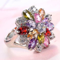 Flower Shaped Multi Pink Topaz Morganite Amethyst Garnet Silver Ring Size 6-10 Multicolor Multi-stone Crystal Ring Gift, Multicolor Multi-stone Rings For Gift, Multicolor Rings With Accent Stones For Gift, Elegant Multicolor Flower-shaped Rings, Multicolor Multi-stone Amethyst Ring Gift, Multicolor Open Ring Crystal Ring Gift, Multicolor Open Crystal Ring As Gift, Gift Multicolor Amethyst Ring With Accent Stones, Multicolor Flower-shaped Anniversary Rings