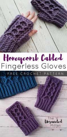 three crocheted fingerless gloves with text that reads, free crochet pattern