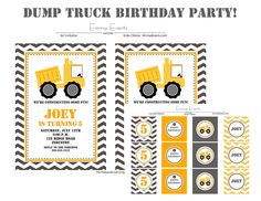 dump truck birthday party package with free printables and matching tableware for kids