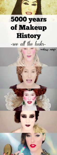 5000 years of Makeup History!  See all the looks as Lisa Eldridge demonstrates the history of makeup over time!  So cool!! Historical Makeup Looks, History Of Makeup, 1910s Makeup, History Of Makeup Pictures, Makeup History Timeline, Stage Makeup Theatre, 1900's Makeup, Ancient Egyptian Makeup, Victorian Makeup Products