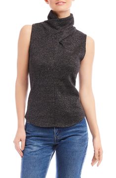 Show off a touch of sparkle in this sleeveless turtleneck top fashioned from a shimmery metallic knit. 24 1/2" length (size Small) Turtleneck Sleeveless 70% polyester, 15% rayon, 10% Lurex® metallic fibers, 5% spandex Dry clean or machine wash, line dry Made in the USA of imported fabric Elegant Sleeveless Knit Top For Night Out, Chic Shimmer Stretch Tops, Elegant Shimmer Sleeveless Top, Elegant Sleeveless Shimmer Top, Elegant Sleeveless Knit Top For Fall, Stretch Sleeveless Knit Top For Party, Sleeveless Knit Top For Night Out, Elegant Sleeveless Blouse Tank Top For Fall, Casual Metallic Sleeveless Top