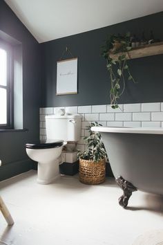 a bathroom with a tub, toilet and plant in it's centerpieces