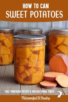 canning jars of canned sweet potatoes on a wooden surface with freshly sliced sweet potato Can Sweet Potatoes, Can Mandarin Oranges, Purposeful Pantry, Canned Sweet Potato Recipes, Canning Potatoes, Food Storage Pantry, Raw Sweet Potato, Preserving Vegetables, Pressure Canning Recipes