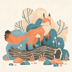 an illustration of a fox standing on top of a log