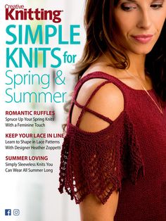 the cover of knitting magazine shows a woman in a red top with crocheted shoulders