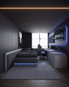 a bedroom with a bed, desk and chair in the middle is lit up by blue lights