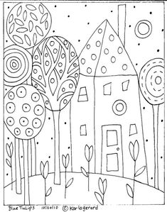 a coloring page with trees and houses