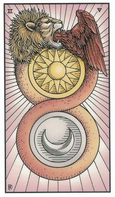 a tarot card with an image of a lion on the front and sun in the back