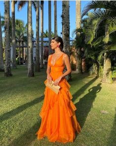 Orange Long Prom Dresses, A-line Women V Neck Formal Dress Outfits Graduation Dance Gown Orange V-neck Dress For Prom, V Neck Formal Dress, Prom Dresses V Neck, Dresses V Neck, Sleeveless Gown, Prom Dresses Online, Cocktail Evening Dresses