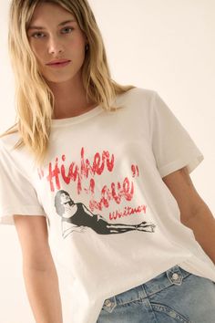 Whitney Houston Higher Love Graphic Tee - ShopPromesa Graphic Tee With Sublimation Print In Relaxed Fit, Band Merch T-shirt With Logo Print, Relaxed Fit Graphic Tee With Graphic Print, Love Graphic, Text Print, Love Text, Whitney Houston, Vintage Canvas, Round Neckline