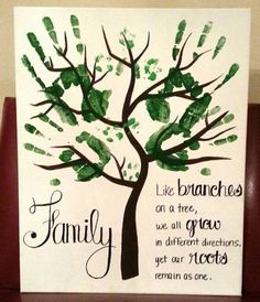 a family tree with handprints on it and the words'like branches, we all grow in different directions get our roots remain as one