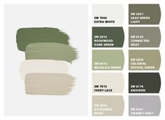 shades of green, white and gray in the same color scheme for paint swatches