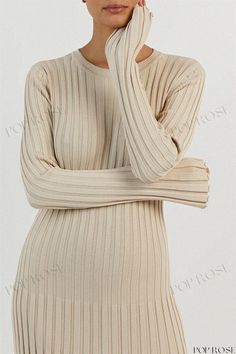 Cozy and Elegant Wrap-Style Dress with Long Sleeves and Round Neckline Beige Crew Neck Sweater Dress For Spring, Dress With Long Sleeves, Crewneck Dress, Style Dress, A Line Skirt, Wrap Style, A Line Skirts, Round Neckline, Neck Dress