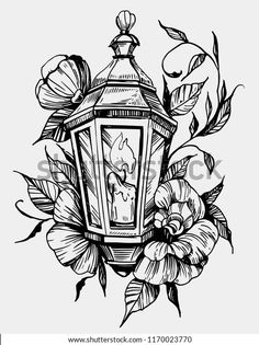 a lantern with flowers and leaves on the side royalty - art illustration stockvectore