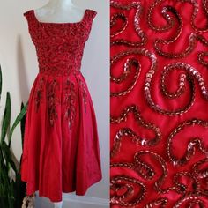 Vintage Emma Domb (California) Party Dress Circa The 1950s. Taffetta Fabric With Subtle Sheen, In A Rich Tomato Red. I Love The Sequined Bodice And Descending Leaf Pattern. Classic Fit And Flare Style. Double Layer Pleating Around Entire Waist. Metal Back Zip Closure. Squared Neckline. Sculptural Petit Cap Sleeves. Attached Tulle Crinoline Underskirt (Photos 10 And 15 Show The Fullness If You Were To Also Wear A Petticoat Underneath). 1960s 60s Glam Femme Bold Glitz Haute Gala Party Holiday Formal Maisel 60s Glam, Emma Domb, Gala Party, Squared Neckline, Sequin Party, Sequin Party Dress, Petticoat, Leaf Pattern, Wearable Art