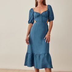 Reformation Maryam Linen Puff Sleeve Dress In Blue. Size 2. Excellent Condition. Puffed Sleeves Dress, Linen Dress, Puff Sleeve, Midi Dress, Conditioner, Womens Dresses, Women Shopping