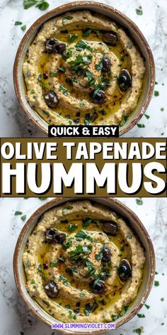 two bowls filled with hummus, olives and parsley on top of each other