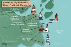 a map with lighthouses on it and the names of each light house in maine