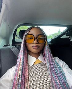 Colored Hair Black Women Braids, Three Color Braids, Summer Box Braids Colors, Periwinkle Braids, Braids With Glasses, Pastel Box Braids, Multi Colored Braids, Unique Braids For Black Women, Pastel Braids