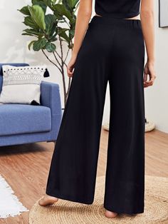 Black Casual   Cotton Plain Wide Leg  Slight Stretch Spring/Summer/Fall Women Bottoms Affordable Black Wide Leg Leggings, Cheap Forever 21 Wide Leg Bottoms, Affordable Edgy Full-length Bottoms, Cheap Drawstring Wide-leg Pants, Cheap Wide Leg Full Length Pants, Cheap Wide Leg Bottoms For Party, Cheap Wide Leg Pants For Women's Night Out, Womens Wide Leg Pants Boohoo, Cheap Trendy Wide-leg Pants