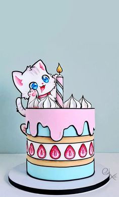 a cat is sitting on top of a birthday cake with a lit candle in it