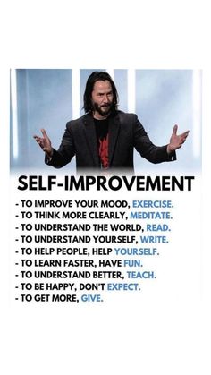 a man standing in front of a sign that says self improvement