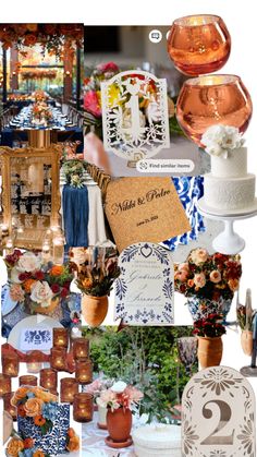 a collage of photos with flowers, candles and other things in them that are on display