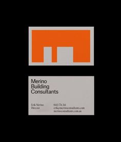 an orange and white business card with the words merino building consultants