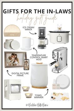 gifts for the in - laws holiday gift guide with pictures and text overlays