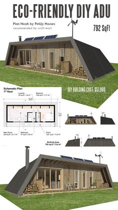 the plans for an eco - friendly house are shown in three different sections, including one with