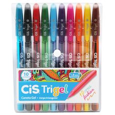 six assorted crayon markers in a clear box with the words cis trigel written on it