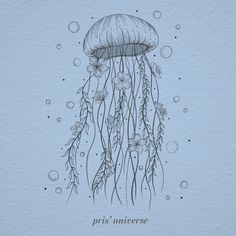 a black and white drawing of a jellyfish with flowers on it's head