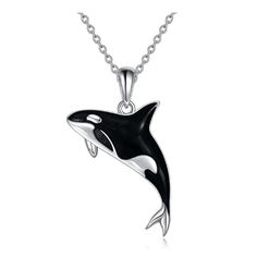 The orca is a symbol of loyalty, devotion and love. The black enameling elegantly showcases the unique textured pattern at the base of the pendant, making this necklace a truly one-of-a-kind piece. Made of solid 925 sterling silver, lead-free & nickel-free, hypoallergenic and suitable for sensitive skin. Size:23*15mm.chain:18'' Color: Black, Silver Material:925 silver - Return/Exchange Policies: *If your received item is not as described as the listing you can always return or exchange. If your order is damaged during transport, We kindly ask you to send a few picture of the damaged/broken item to us by message. *Please contact us before returning an item. *You will have 14 days after purchase. If more than 14 days have passed since your purchase, we can not offer you a refund or exchange. Sterling Silver Pendant Necklace With Black Enamel, Black Enamel Pendant Jewelry, Black Pendant Necklaces With Lobster Clasp, Black Pendant Necklace With Lobster Clasp, Black Enamel Jewelry As Gift, Black Enamel Jewelry For Gifts, Black Enamel Jewelry For Gift, Pokemon Jewelry, Loyalty Symbol