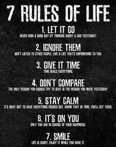 the seven rules of life poster on black paper with white writing and an image of a person's face