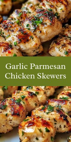 garlic parmesan chicken skewers on a white plate with green garnish